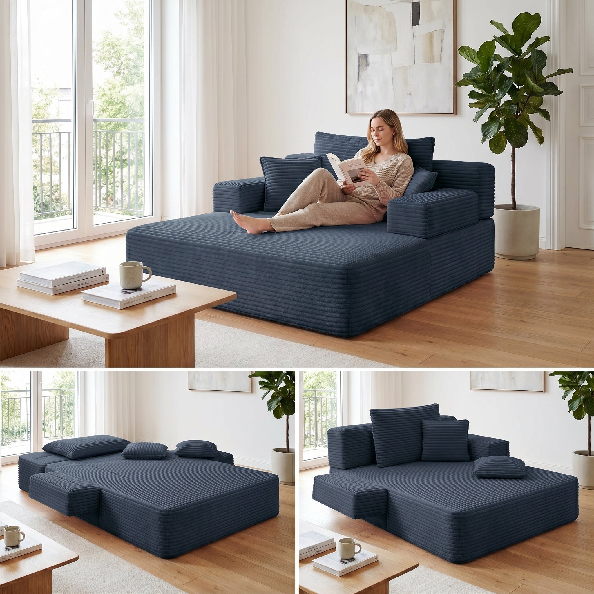 Kelyda Oversized Chaise Lounge Chair Indoor, Modern Boneless Convertible Corduroy Couch Loveseat Sofa Sleeper
