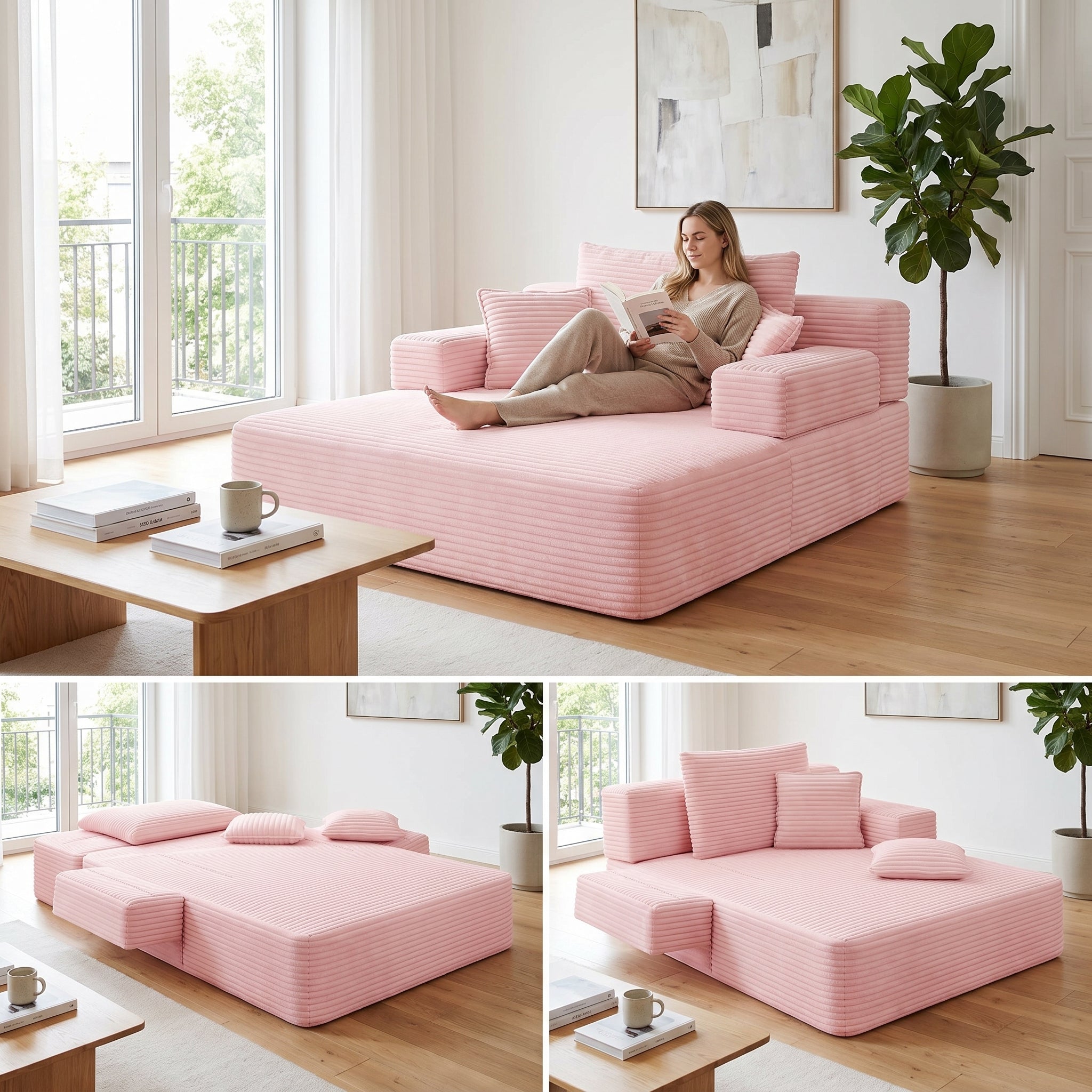 Kelyda Oversized Chaise Lounge Chair Indoor, Modern Boneless Convertible Corduroy Couch Loveseat Sofa Sleeper