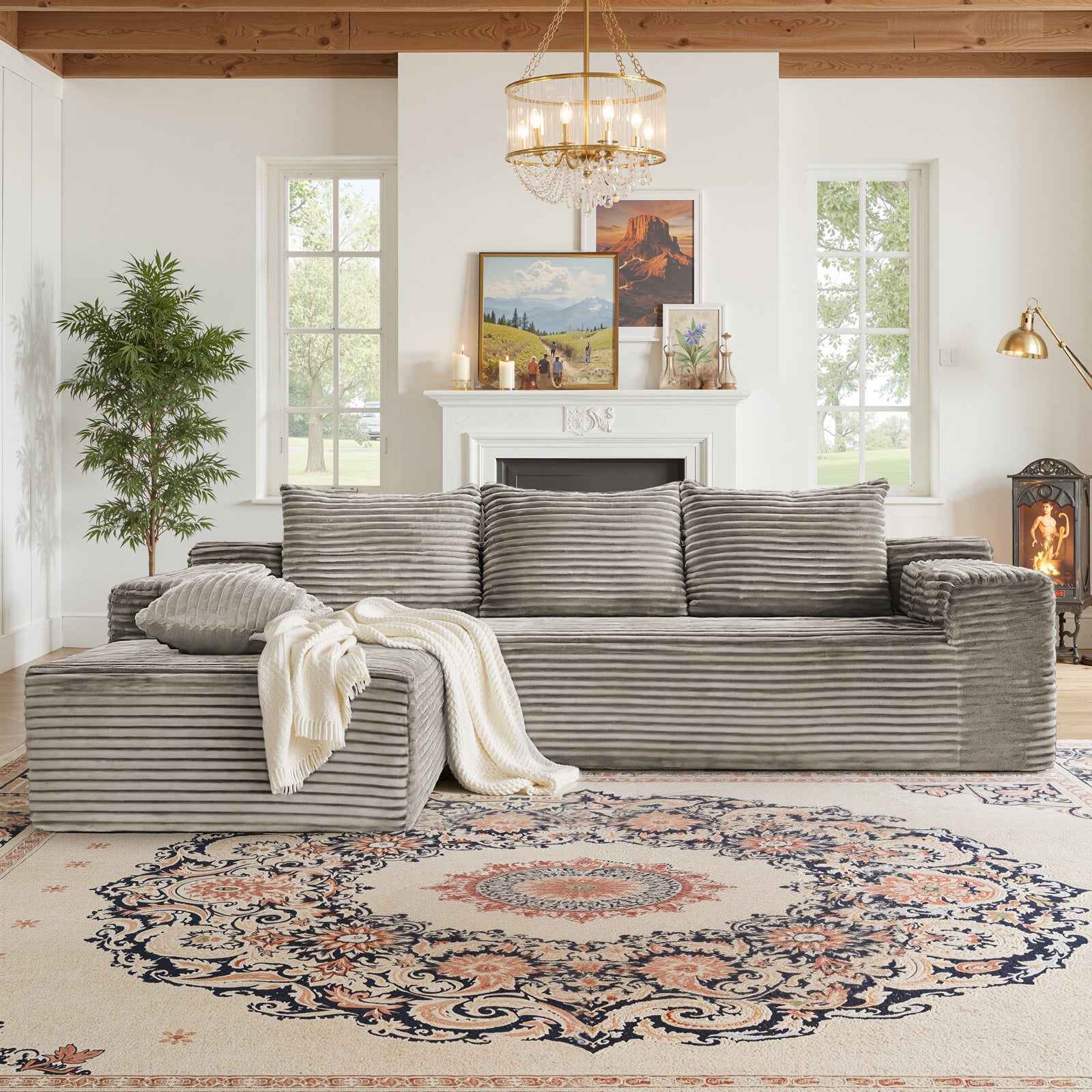 Kelyda 105" Modular L-Shaped Cloud Sofa, Plush Boneless Sectional with Deep Seats Chaise Corduroy Fabric