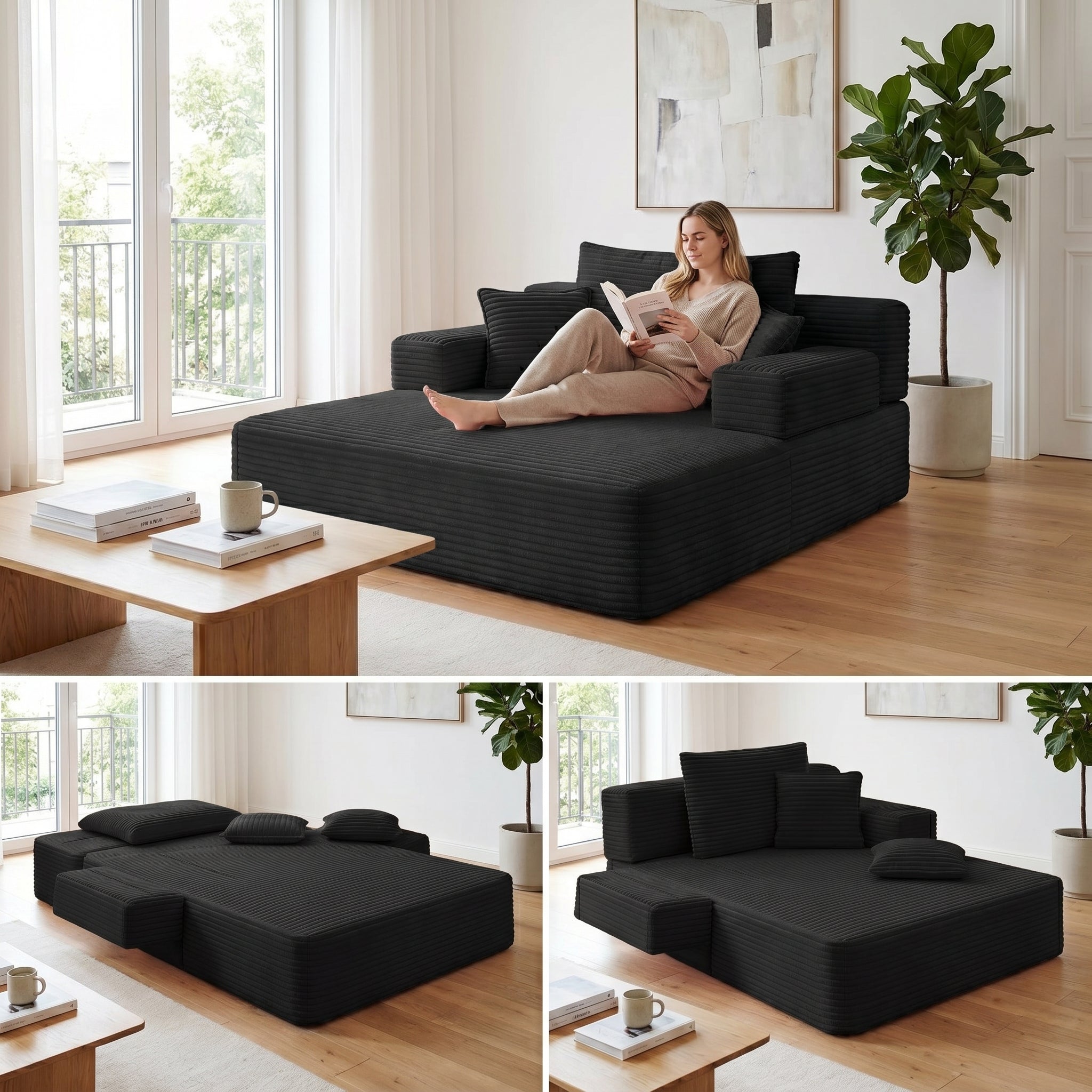 Kelyda Oversized Chaise Lounge Chair Indoor, Modern Boneless Convertible Corduroy Couch Loveseat Sofa Sleeper