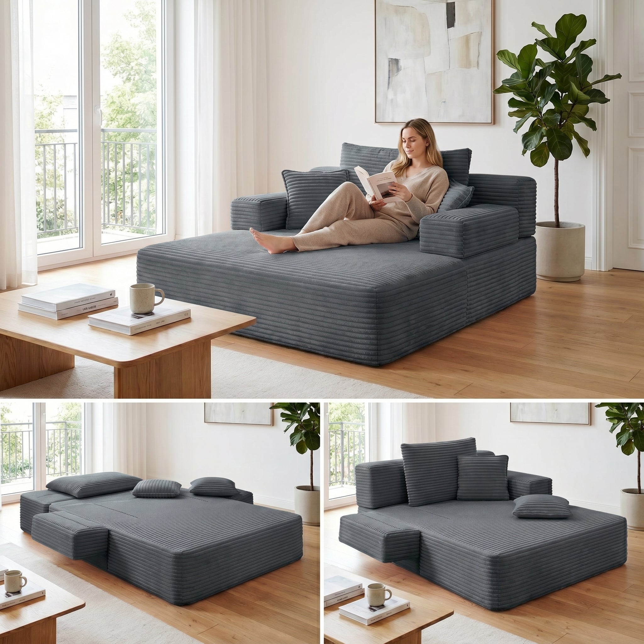 Kelyda Oversized Chaise Lounge Chair Indoor, Modern Boneless Convertible Corduroy Couch Loveseat Sofa Sleeper