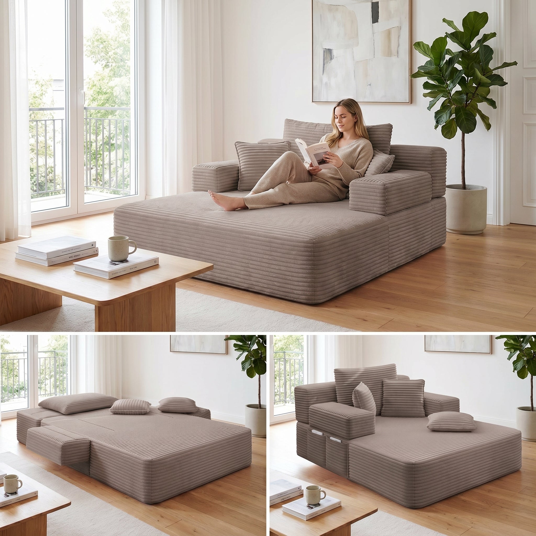 Kelyda Oversized Chaise Lounge Chair Indoor, Modern Boneless Convertible Corduroy Couch Loveseat Sofa Sleeper
