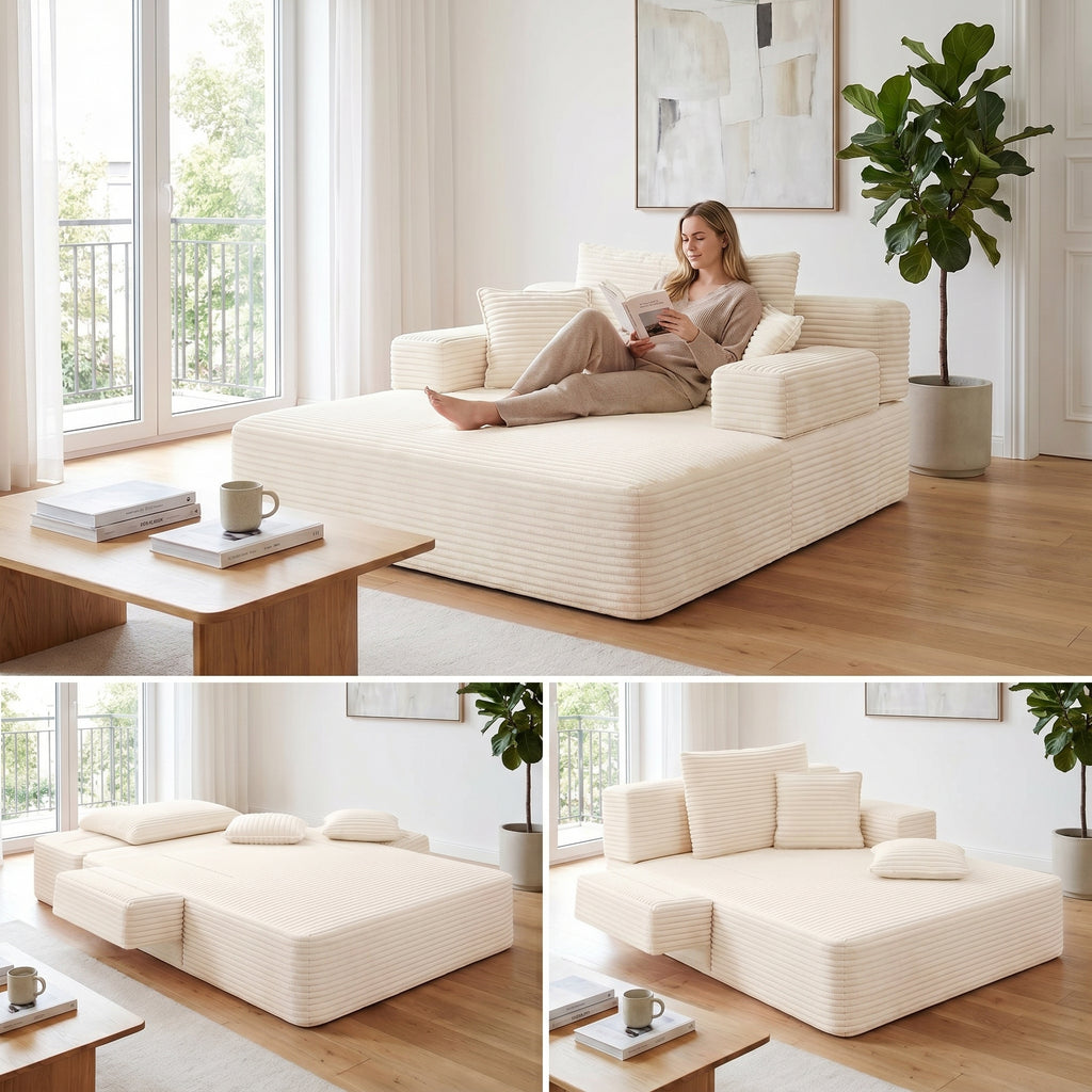 Kelyda Oversized Chaise Lounge Chair Indoor, Modern Boneless Convertible Corduroy Couch Loveseat Sofa Sleeper