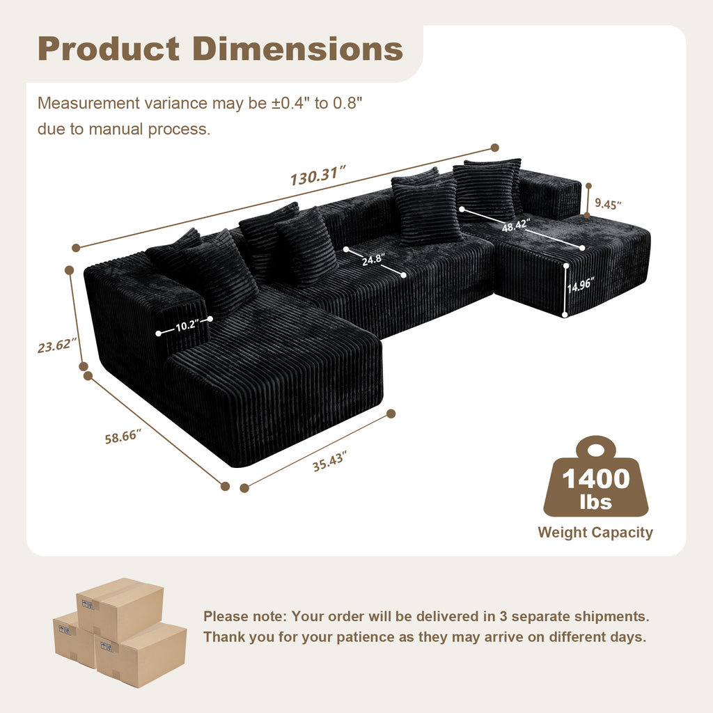 Kelyda 132 Inch Modular Sectional Sleeper Sofa, Modern U Shaped Fuax Fur Boneless Cloud Couch for Living Room