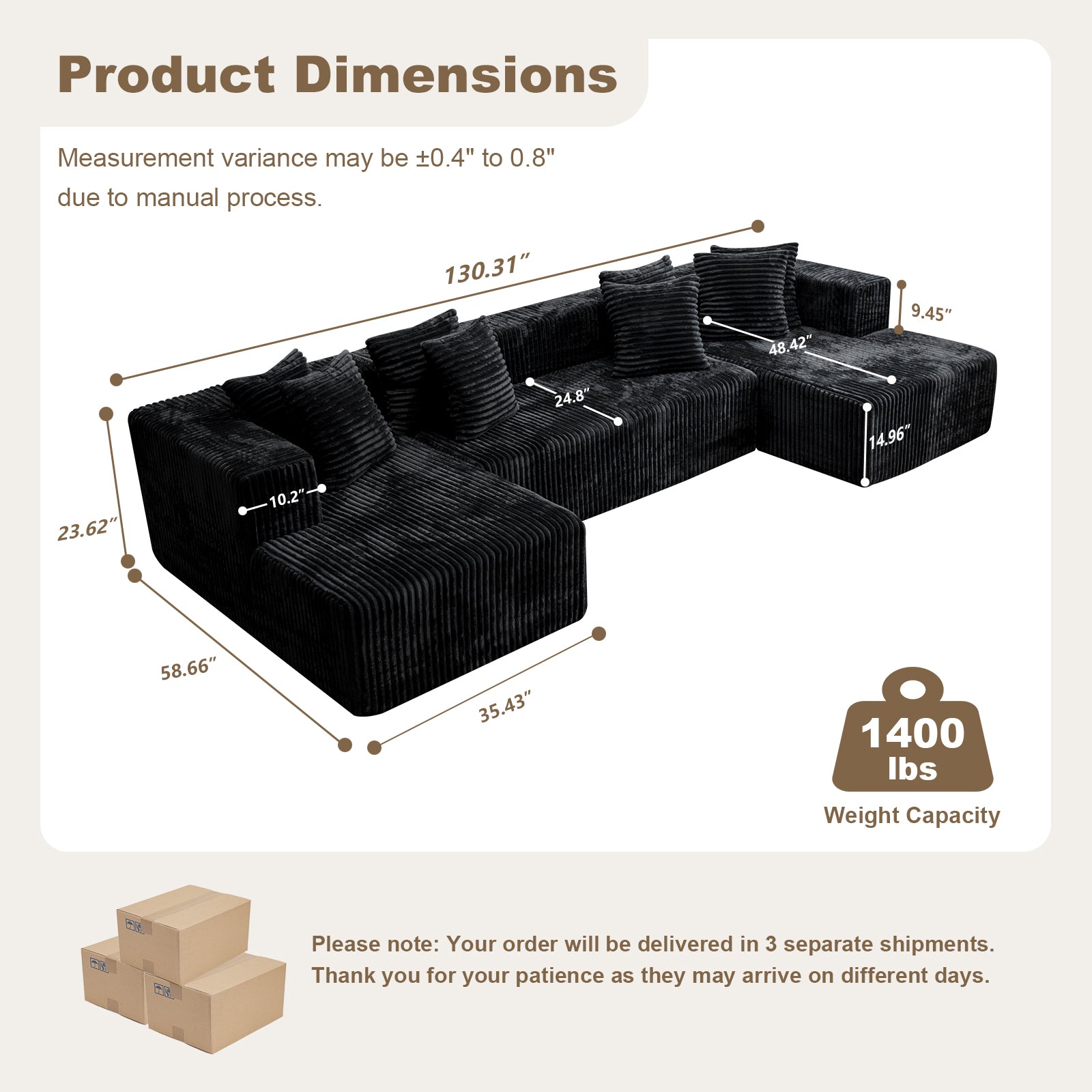 Kelyda 132 Inch Modular Sectional Sleeper Sofa, Modern U Shaped Fuax Fur Boneless Cloud Couch for Living Room