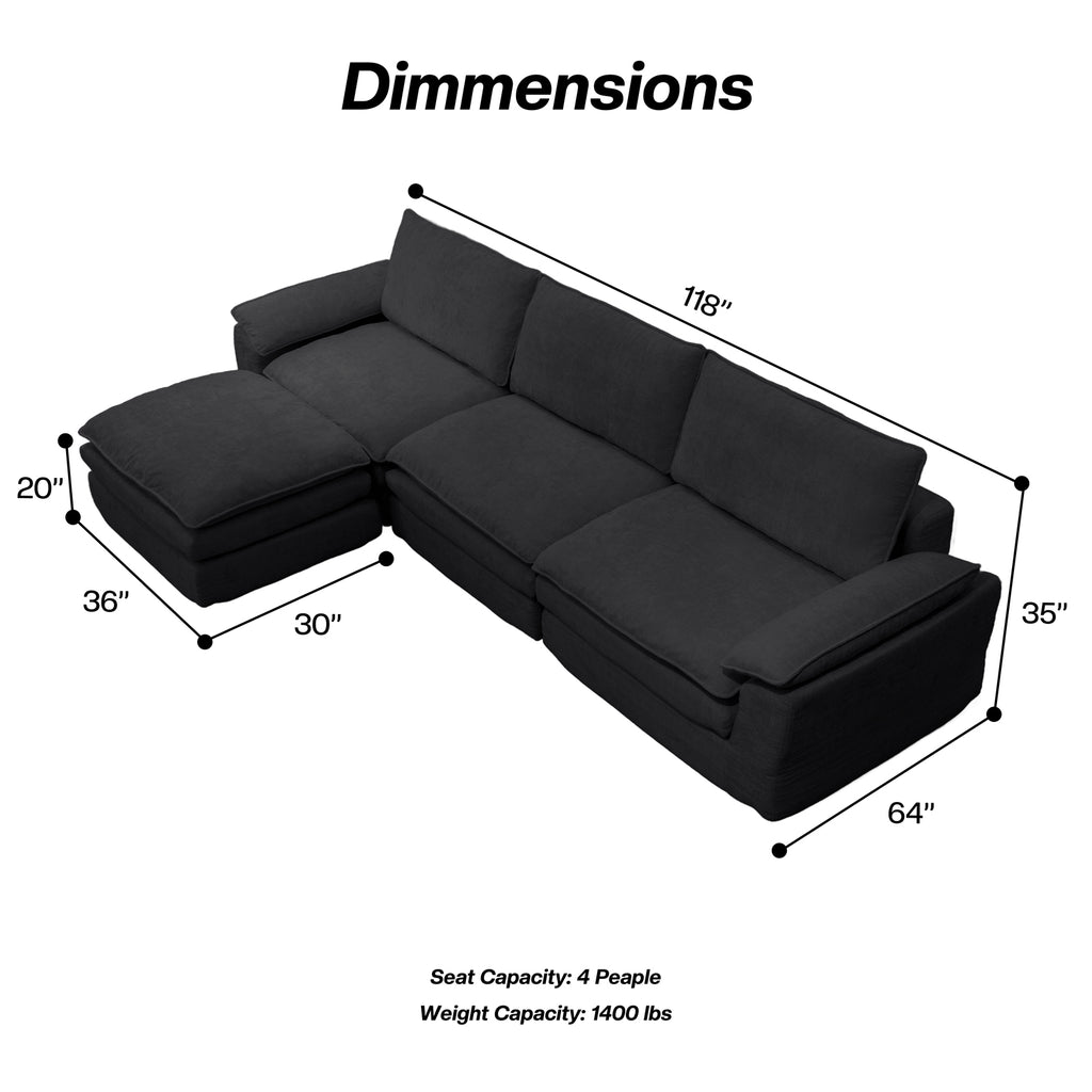 Kelyda 116'' Cloud Sectional Couches L Shaped, Modern Convertible Modular Cloud Chenille Sofa for Living Room