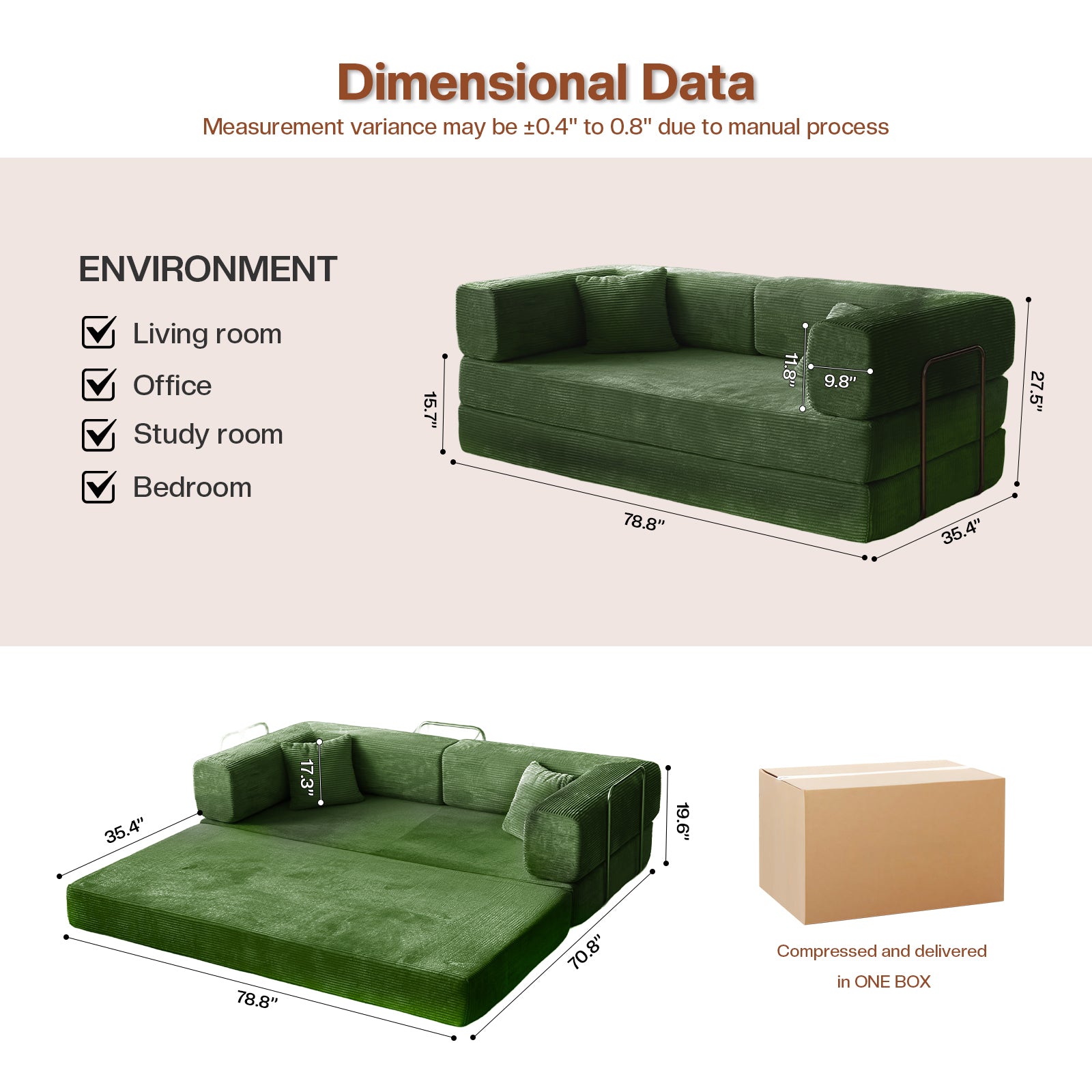 Kelyda Convertible Sofa Bed 5-in-1 Split-Back Lounger Floor Mattress Design 79" Black