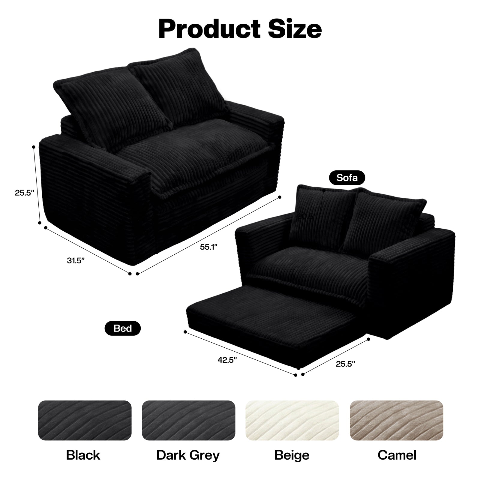 Kelyda Convertible Sofa Bed, 2 in 1 Modern Cloud Boneless Sofa Bed Loveseat Couch Sleeper Chairs for Living Room Grey